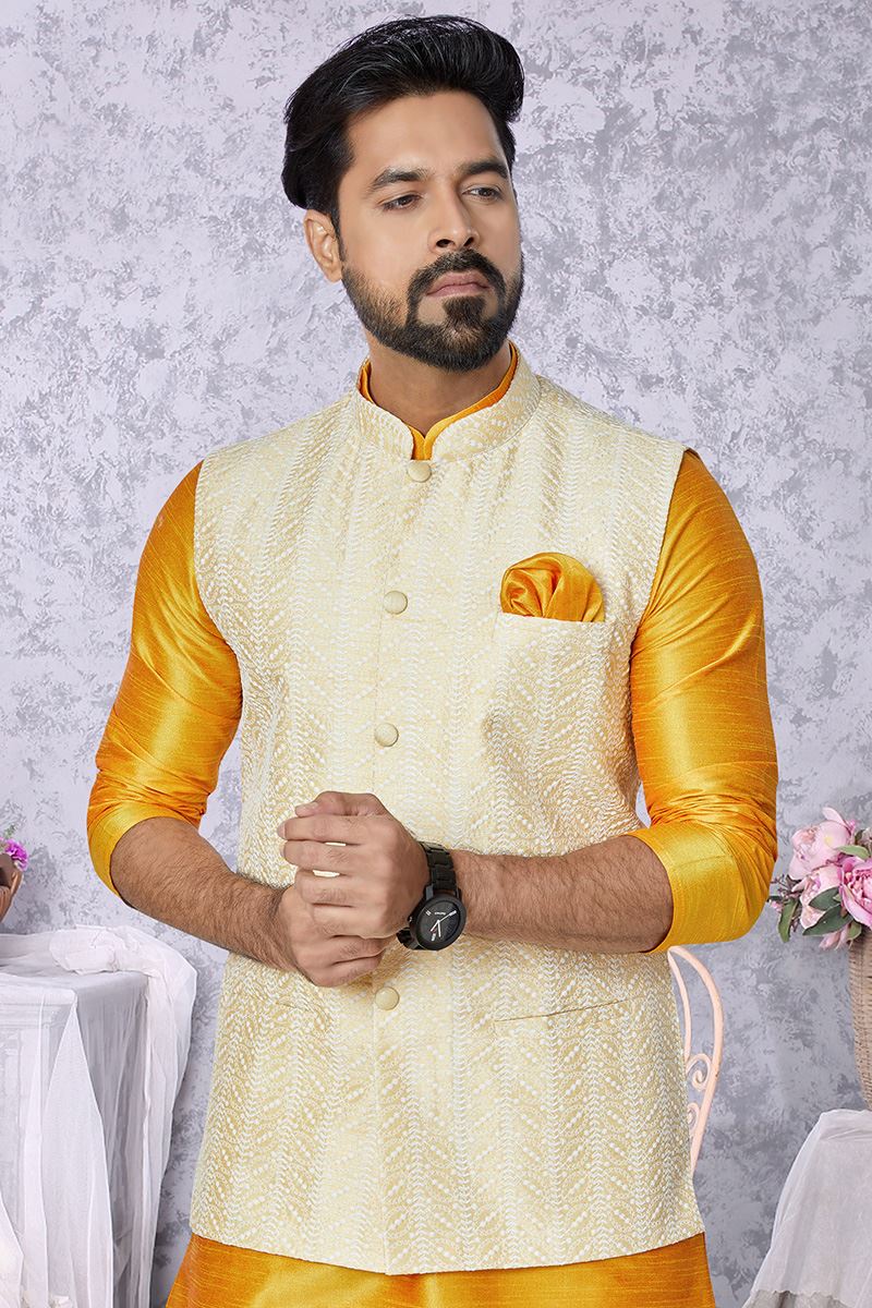 Artistic Mustard and Yellow Designer Men’s Kurta Jacket Sets for Haldi, Engagement, Wedding, Festivals, Reception, Sangeet, and Party
