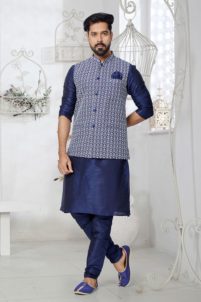 Enticing Navy Blue Designer Men’s Kurta Jacket Sets for Engagement, Wedding, Festivals, Reception, Sangeet, and Party