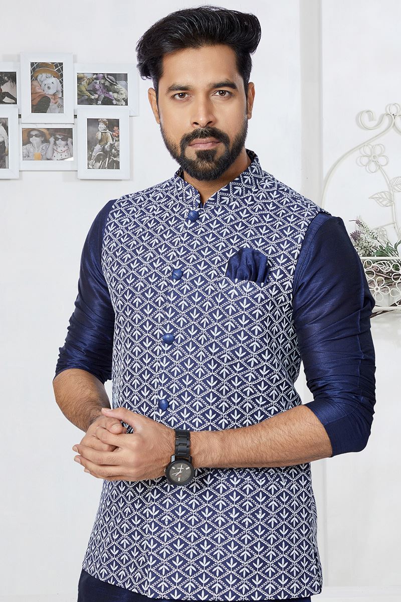 Enticing Navy Blue Designer Men’s Kurta Jacket Sets for Engagement, Wedding, Festivals, Reception, Sangeet, and Party