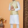 Splendid White and Lime Green Designer Men’s Kurta Jacket Sets for Engagement, Festivals, Reception, Sangeet, and Party