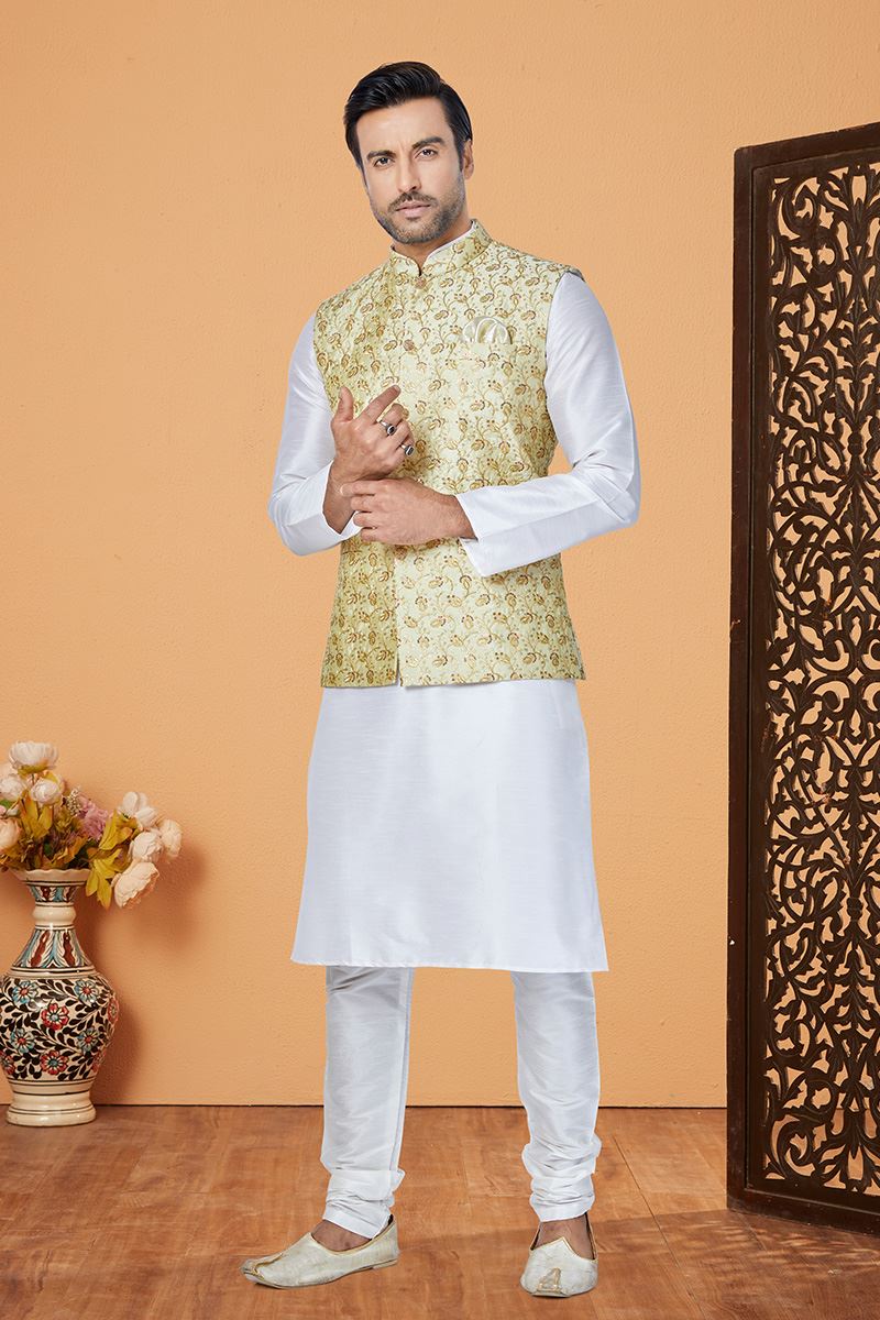 Splendid White and Lime Green Designer Men’s Kurta Jacket Sets for Engagement, Festivals, Reception, Sangeet, and Party