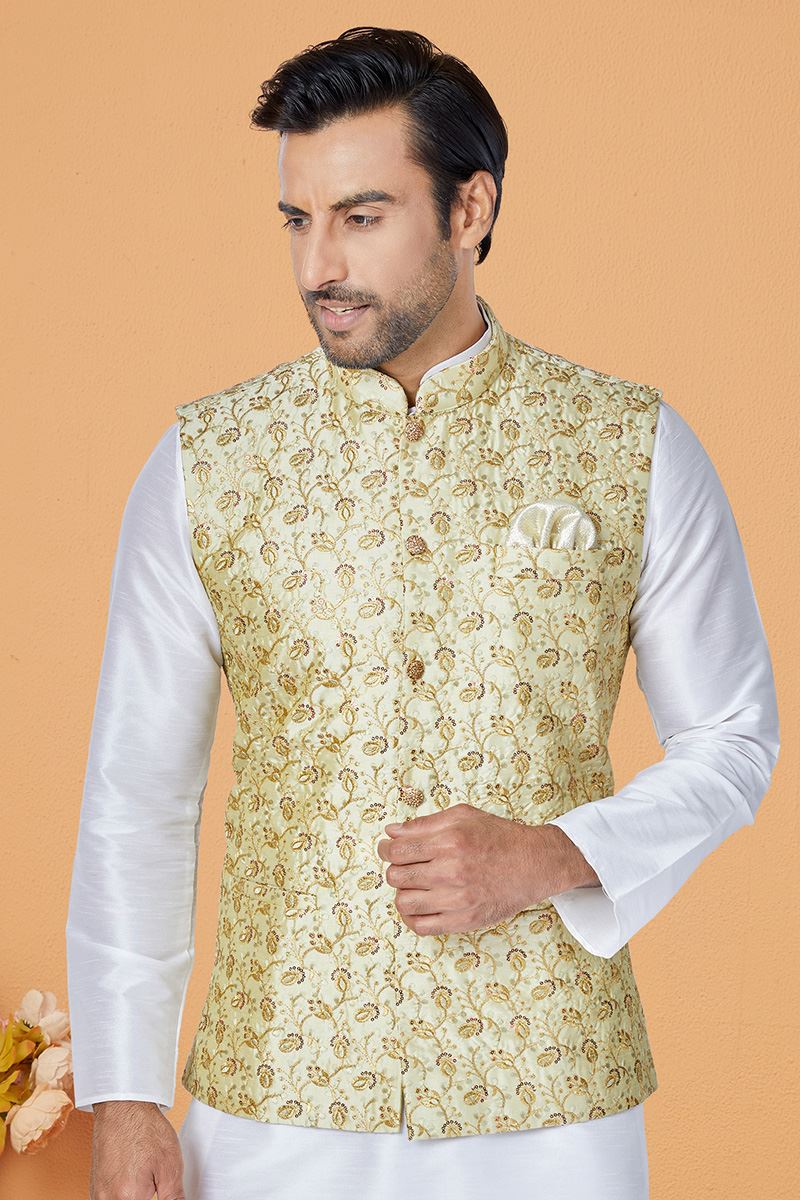 Splendid White and Lime Green Designer Men’s Kurta Jacket Sets for Engagement, Festivals, Reception, Sangeet, and Party