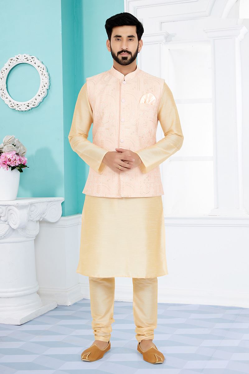 Royal Cream and Light Peach Designer Men’s Kurta Jacket Sets for Engagement, Festivals, Reception, Sangeet, and Party