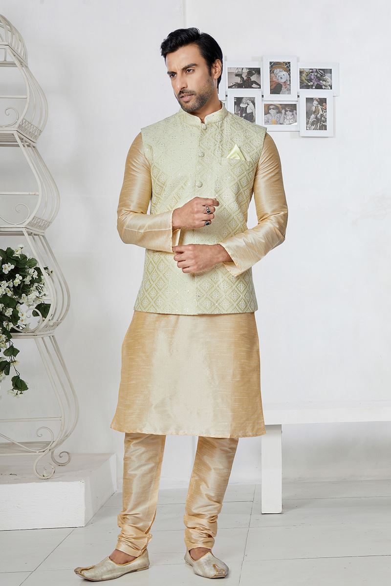 Amazing Cream and Light Peach Designer Men’s Kurta Jacket Sets for Engagement, Festivals, Reception, Sangeet, and Party