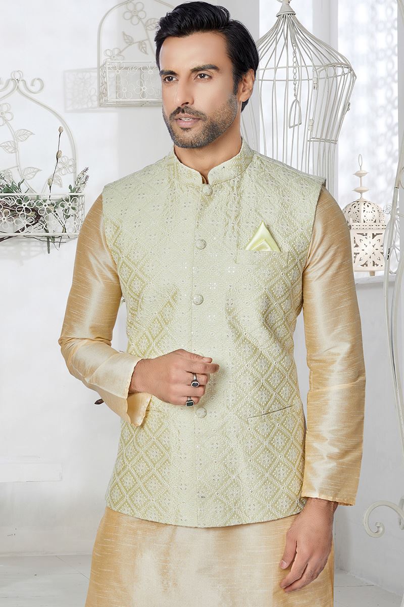 Amazing Cream and Light Peach Designer Men’s Kurta Jacket Sets for Engagement, Festivals, Reception, Sangeet, and Party