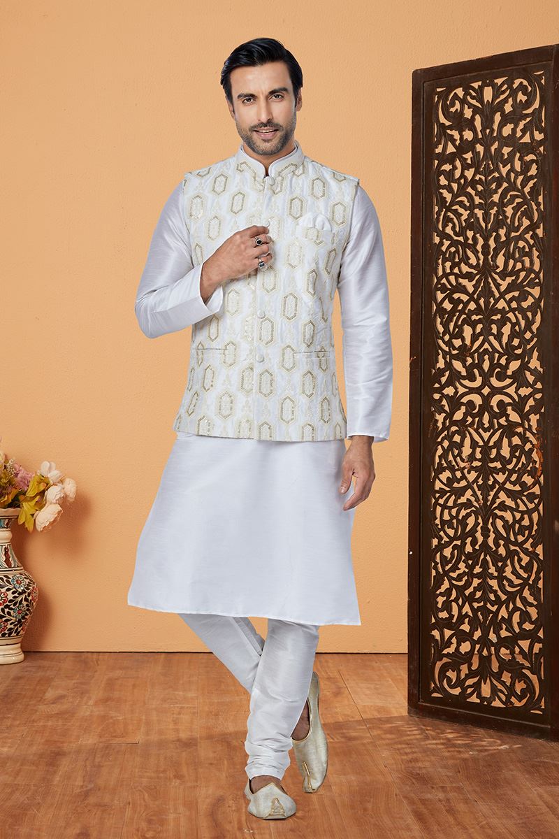 Awesome Off-White Designer Men’s Kurta Jacket Sets for Engagement, Festivals, Reception, Sangeet, and Party