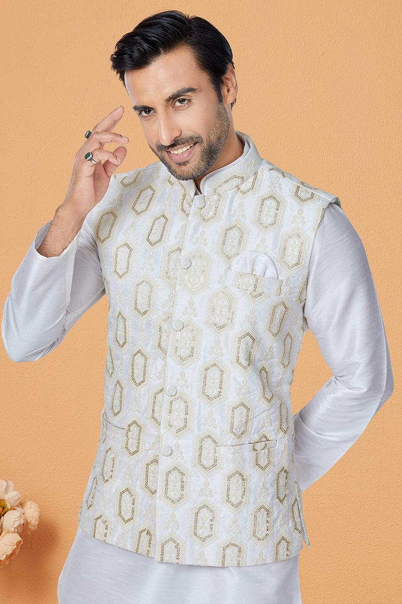 Awesome Off-White Designer Men’s Kurta Jacket Sets for Engagement, Festivals, Reception, Sangeet, and Party