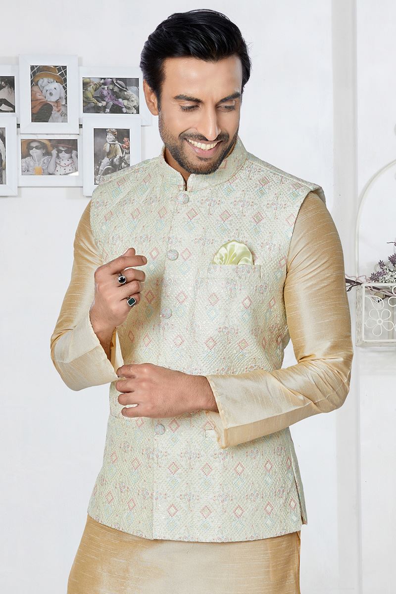 Marvelous Cream and Multi Designer Men’s Kurta Jacket Sets for Engagement, Festivals, Reception, Sangeet, and Party