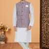 Fashionable White and Lavender Designer Men’s Kurta Jacket Sets for Engagement, Reception, Sangeet, and Party