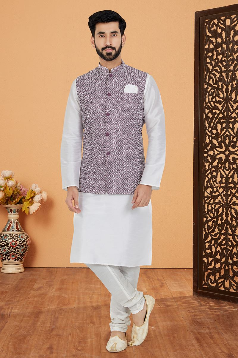 Fashionable White and Lavender Designer Men’s Kurta Jacket Sets for Engagement, Reception, Sangeet, and Party