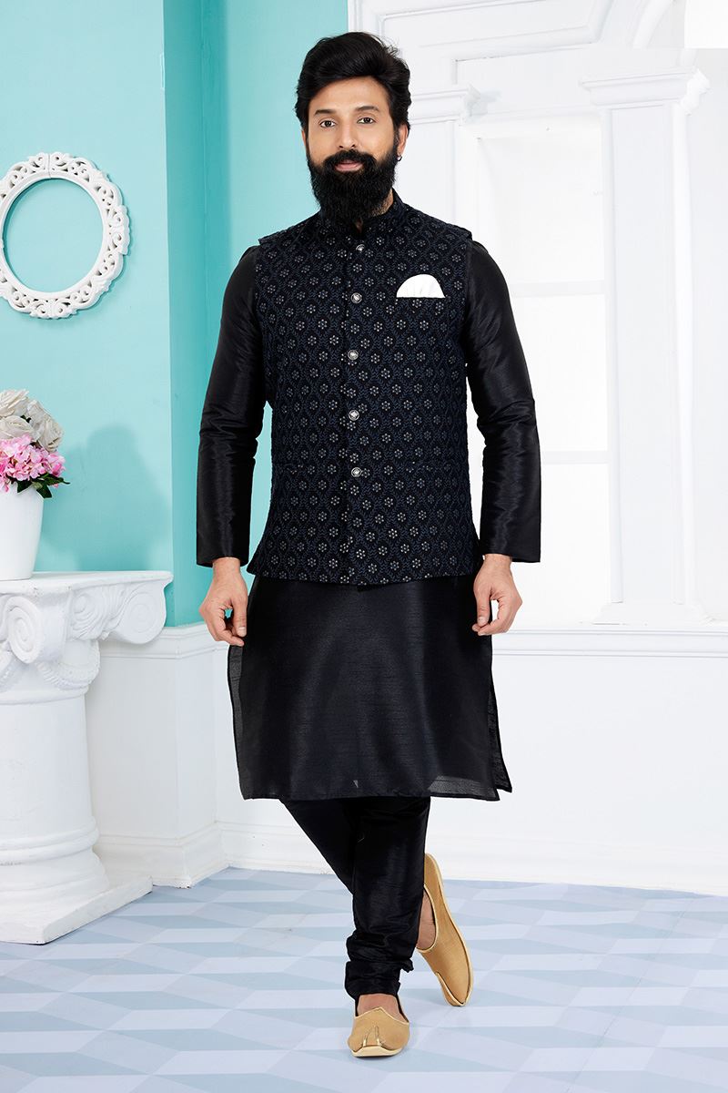 Appealing Black Designer Men’s Kurta Jacket Sets for Sangeet and Party