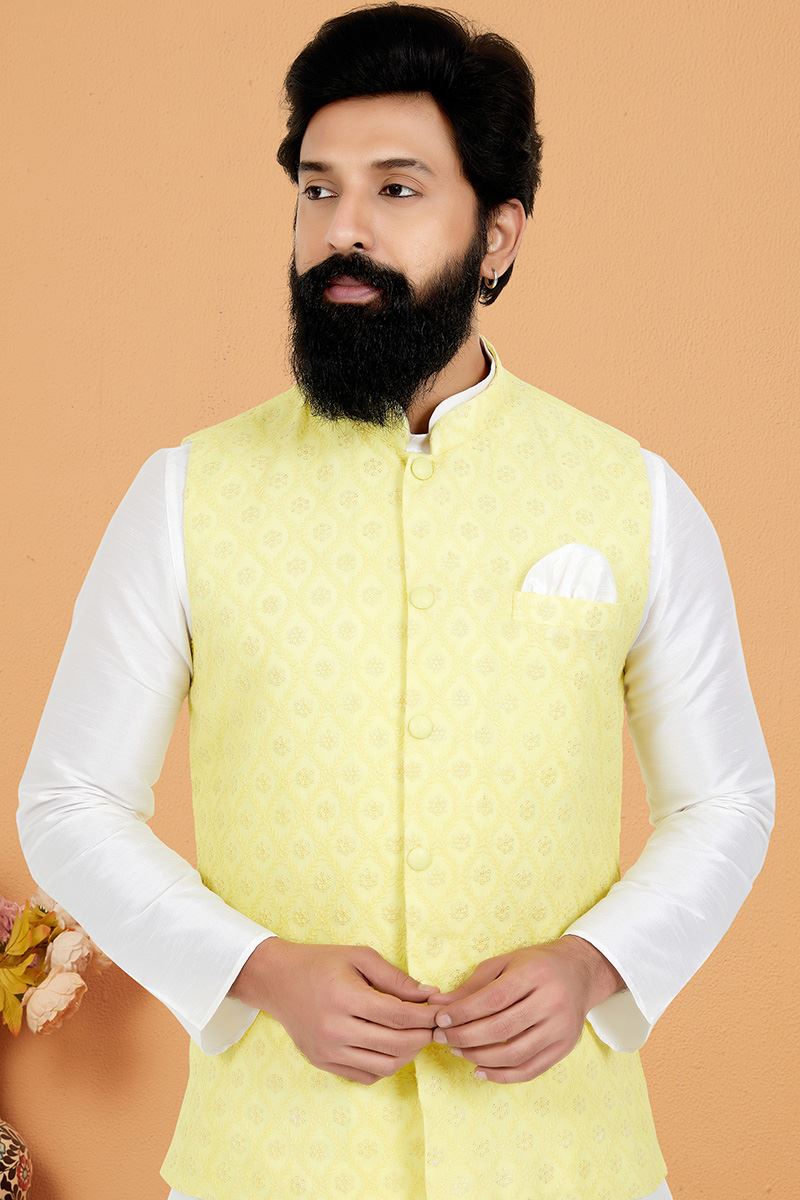 Spectacular White and Light Yellow Designer Men’s Kurta Jacket Sets for Haldi, Engagement, Reception, Sangeet, and Party