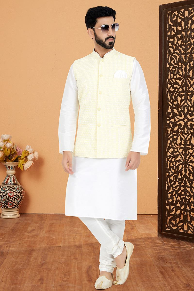 Captivating White and Yellow Designer Men’s Kurta Jacket Sets for Haldi, Engagement, Reception, Sangeet, and Party