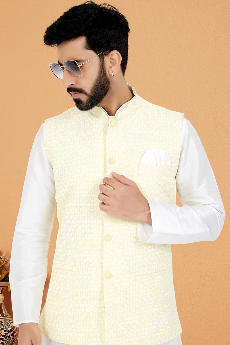 Captivating White and Yellow Designer Men’s Kurta Jacket Sets for Haldi, Engagement, Reception, Sangeet, and Party
