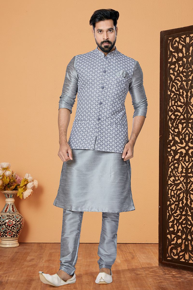 Aesthetic Grey Designer Men’s Kurta Jacket Sets for Engagement, Reception, Sangeet, and Party