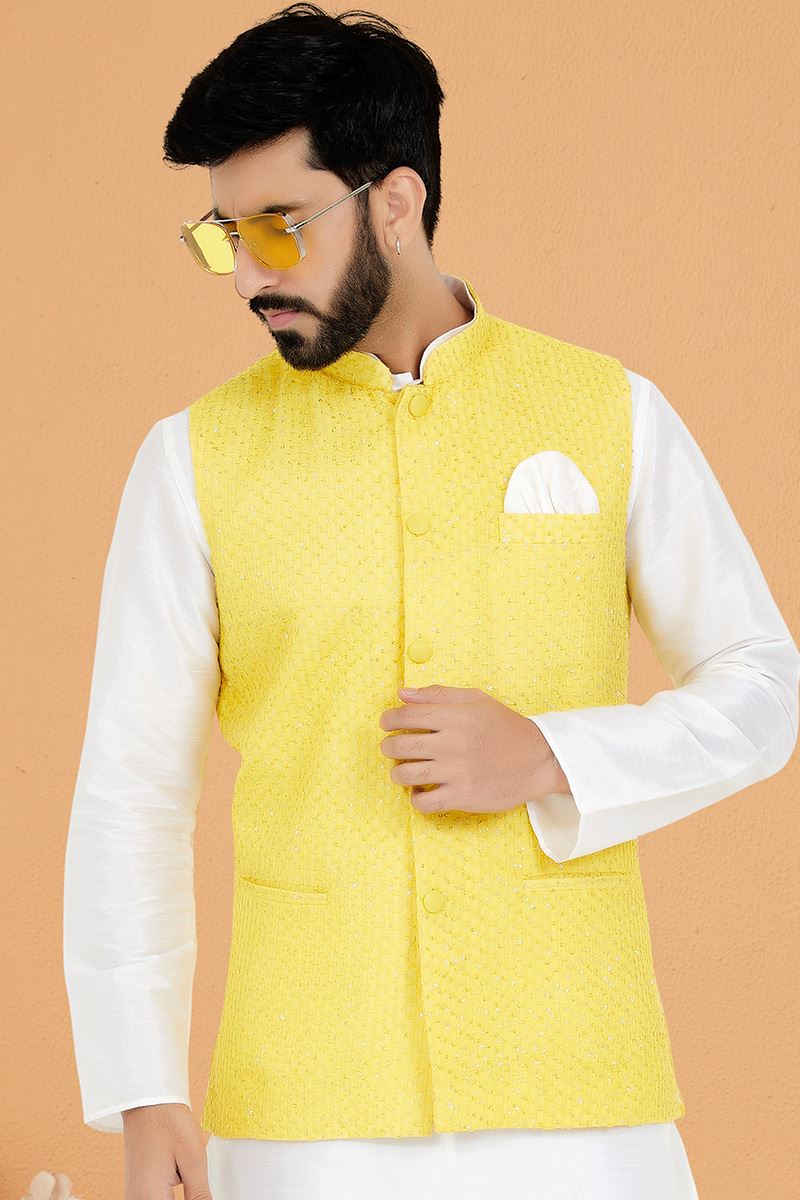 Stylish White and Yellow Designer Men’s Kurta Jacket Sets for Haldi, Engagement, Reception, Sangeet, and Party