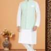 Attractive White and Mint Green Designer Men’s Kurta Jacket Sets for Engagement, Reception, Sangeet, and Party