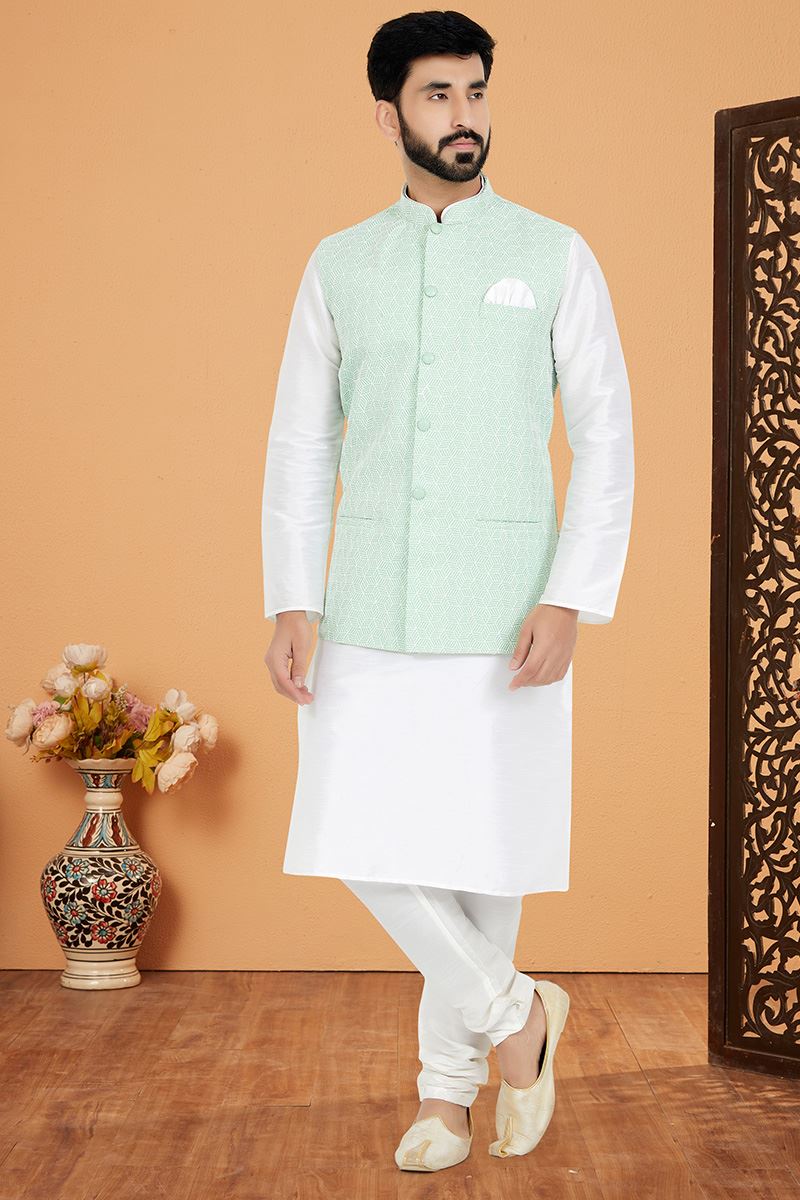 Attractive White and Mint Green Designer Men’s Kurta Jacket Sets for Engagement, Reception, Sangeet, and Party