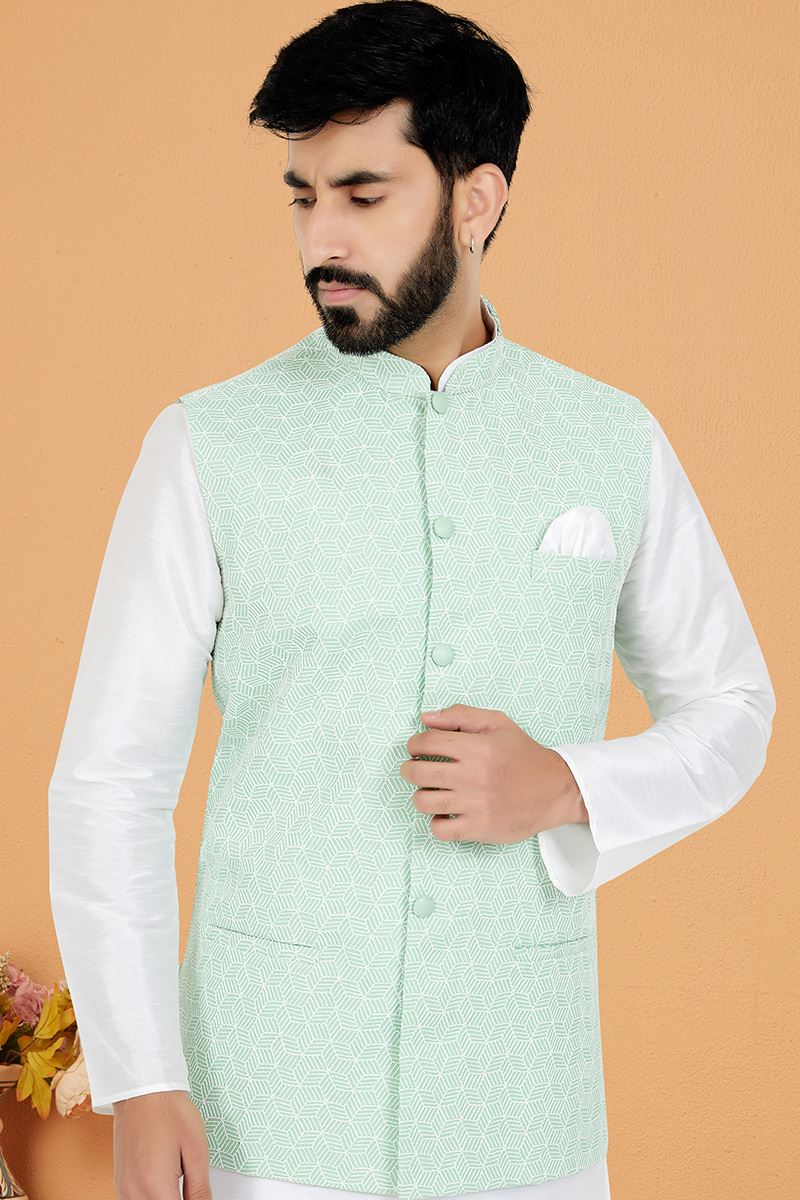 Attractive White and Mint Green Designer Men’s Kurta Jacket Sets for Engagement, Reception, Sangeet, and Party