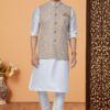 Dashing Off-White and Light Brown Designer Men’s Kurta Jacket Sets for Engagement, Reception, Festivals, Sangeet, and Party