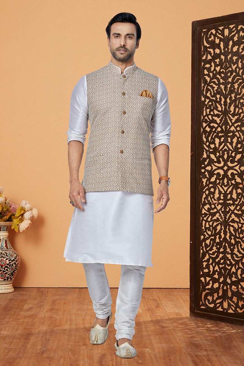 Dashing Off-White and Light Brown Designer Men’s Kurta Jacket Sets for Engagement, Reception, Festivals, Sangeet, and Party