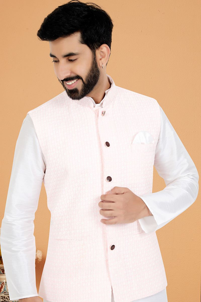 Elegant White and Light Pink Designer Men’s Kurta Jacket Sets for Engagement, Reception, Festivals, Sangeet, and Party