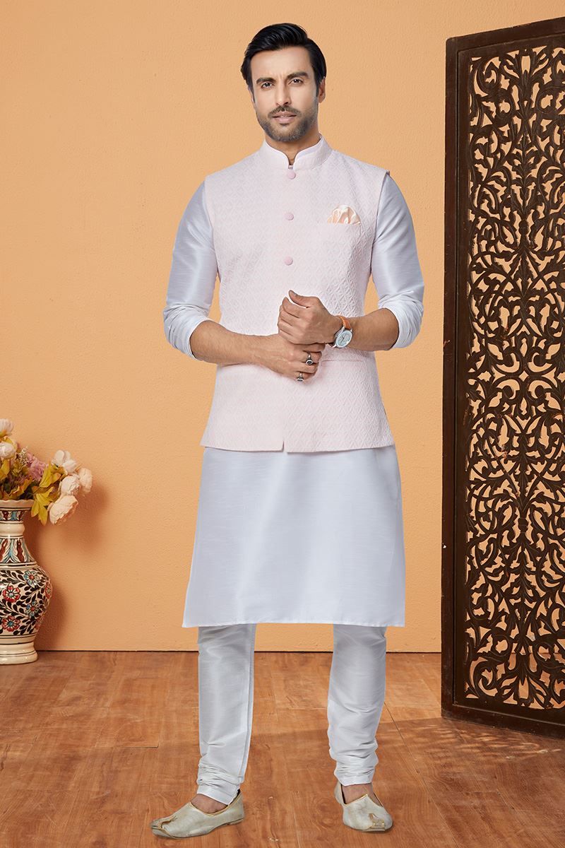 Fancy Off-White and Light Pink Designer Men’s Kurta Jacket Sets for Engagement, Reception, Festivals, Sangeet, and Party
