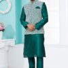 Marvelous Rama Green Designer Men’s Kurta Jacket Sets for Engagement, Reception, Festivals, Sangeet, and Party