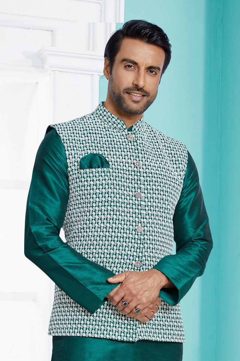 Marvelous Rama Green Designer Men’s Kurta Jacket Sets for Engagement, Reception, Festivals, Sangeet, and Party