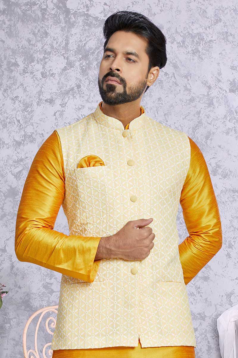 Awesome Mustard and Light Yellow Designer Men’s Kurta Jacket Sets for Haldi, Engagement, Reception, Festivals, Sangeet, and Party