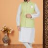 Royal White and Pista Designer Men’s Kurta Jacket Sets for Engagement, Reception, Festivals, Sangeet, and Party