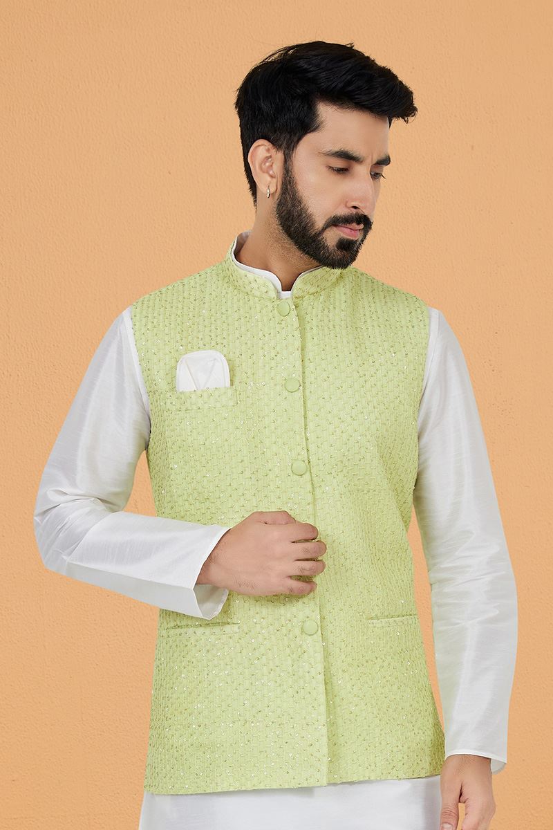 Royal White and Pista Designer Men’s Kurta Jacket Sets for Engagement, Reception, Festivals, Sangeet, and Party