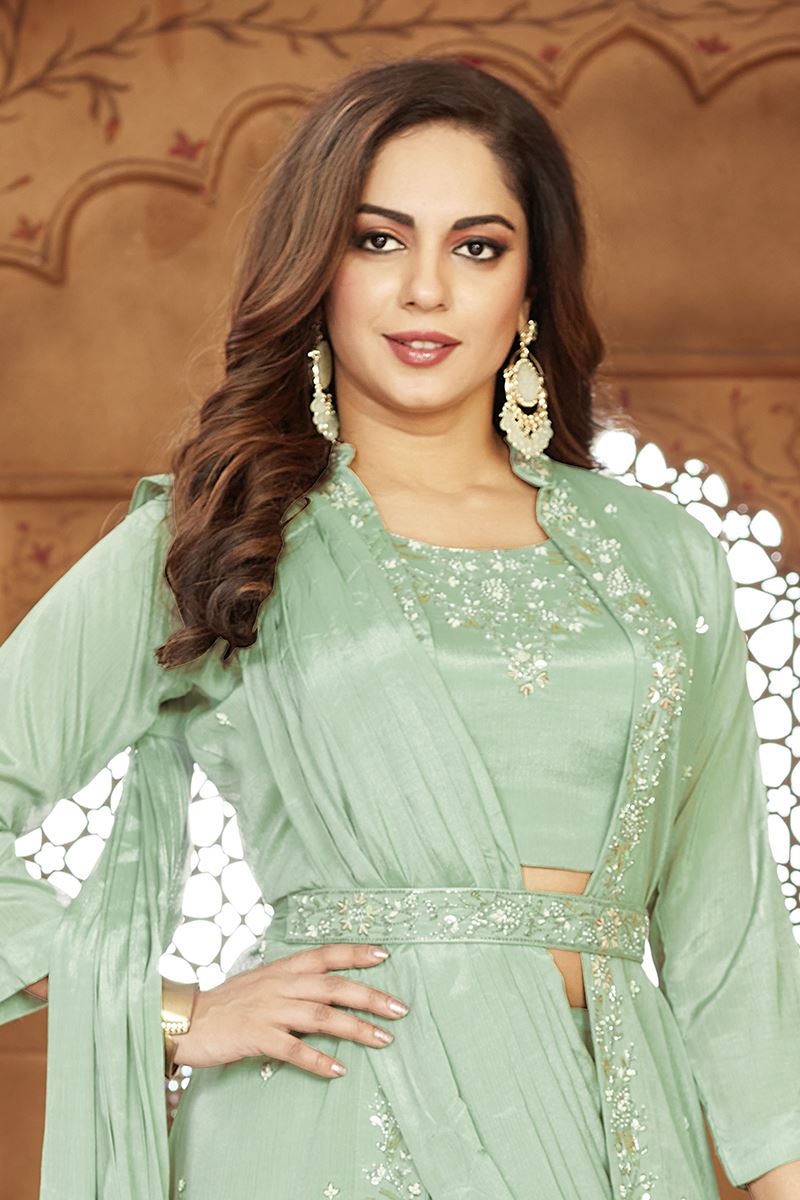 Smashing Mint Green Designer Indo-Western Outfit for Engagement, Reception, Festivals, Sangeet, and Parties