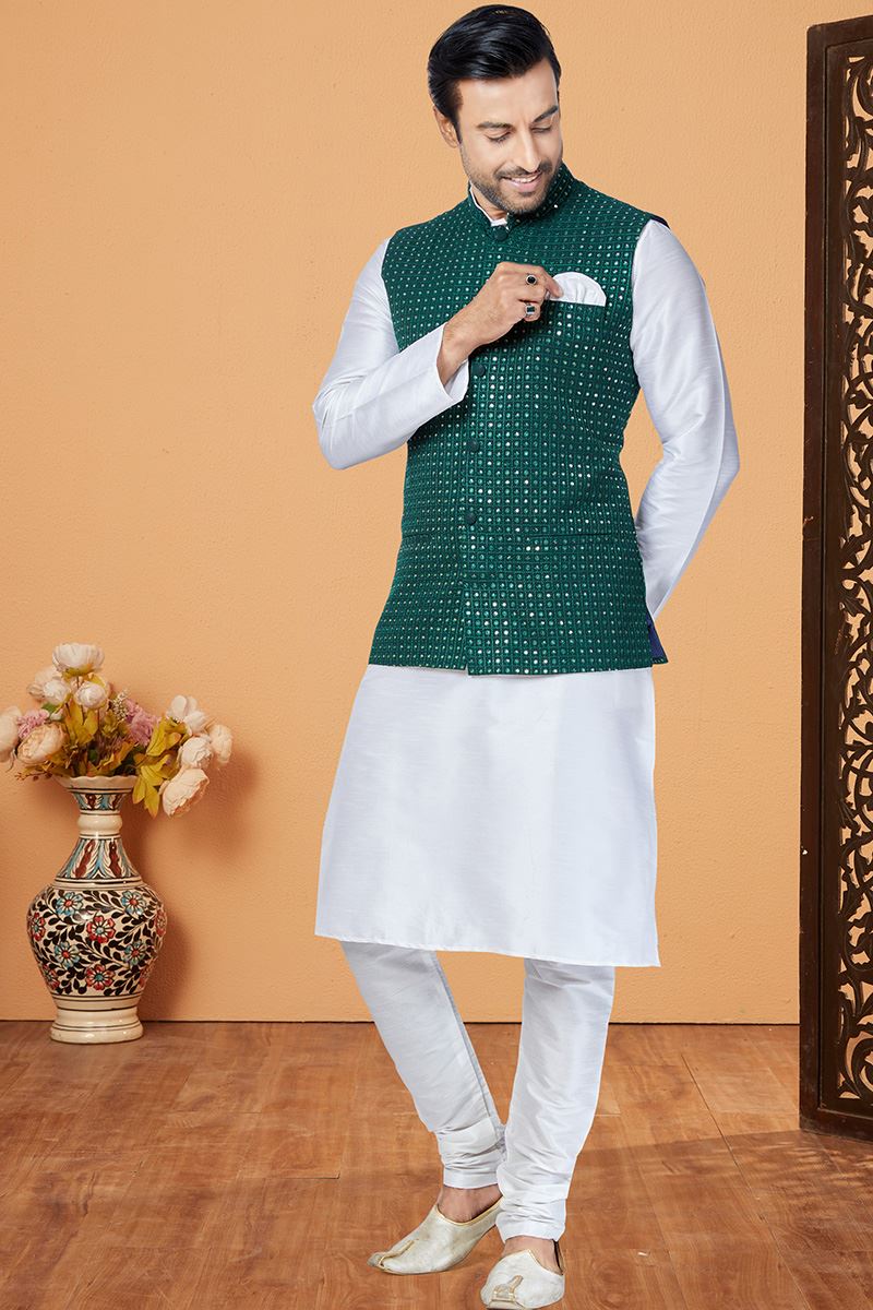 Splendid White and Green Designer Men’s Kurta Jacket Sets for Engagement, Reception, Festivals, Sangeet, and Party