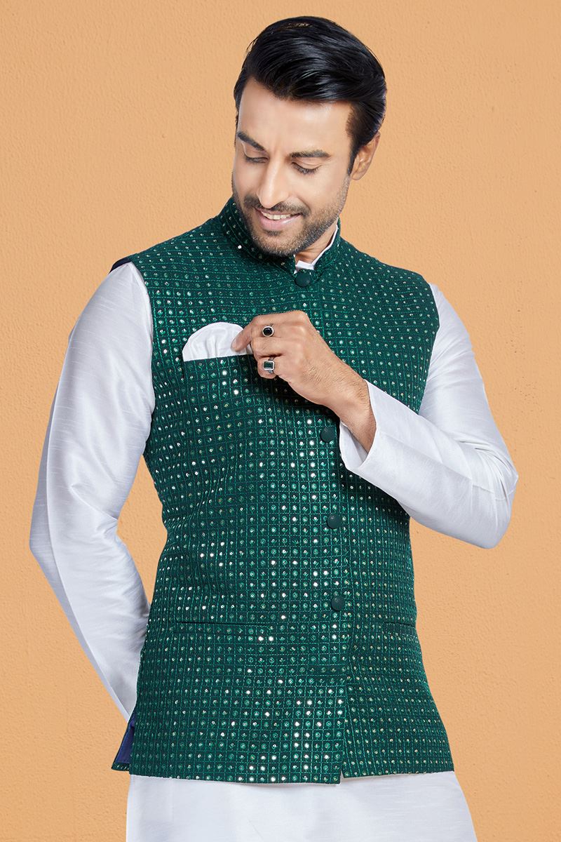 Splendid White and Green Designer Men’s Kurta Jacket Sets for Engagement, Reception, Festivals, Sangeet, and Party