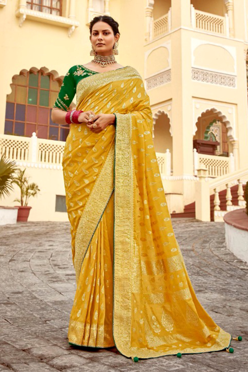 Glamorous Dola Silk Designer Saree for Haldi, Engagement, Reception, Festivals, Sangeet, and Parties