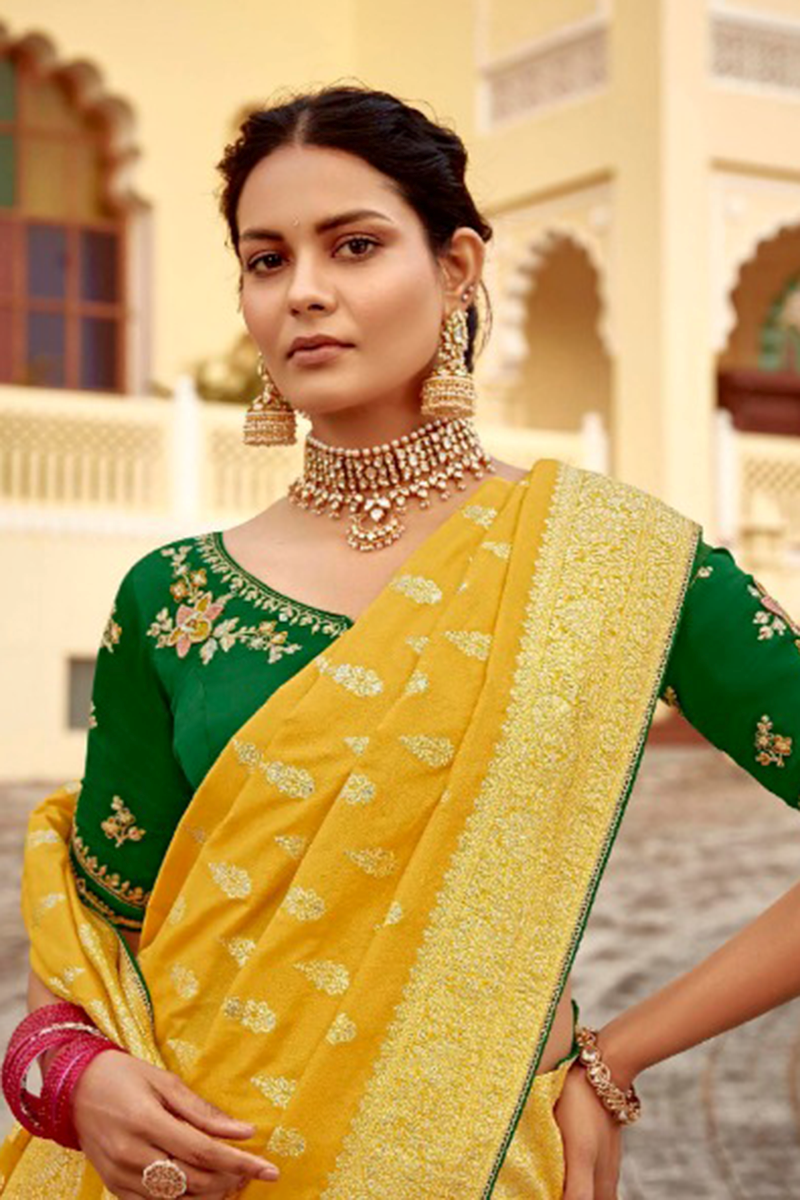 Glamorous Dola Silk Designer Saree for Haldi, Engagement, Reception, Festivals, Sangeet, and Parties