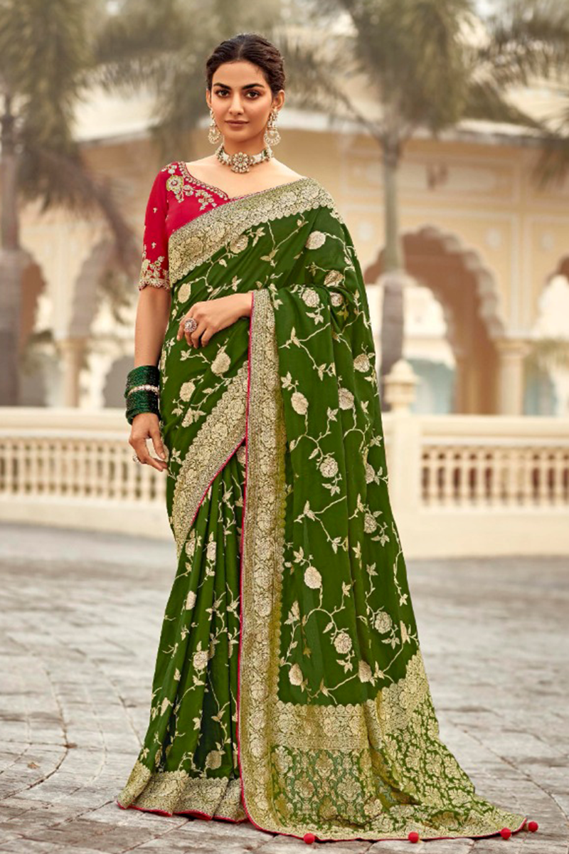 Attractive Dola Silk Designer Saree for Mehendi, Engagement, Reception, Festivals, Sangeet, and Parties