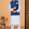 Enticing White and Navy Blue Designer Men’s Kurta Jacket Sets for Engagement, Reception, Festivals, Sangeet, and Party