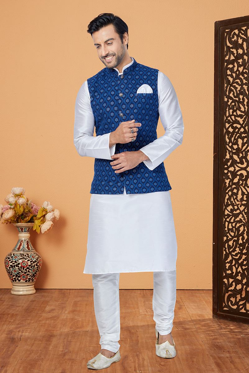 Enticing White and Navy Blue Designer Men’s Kurta Jacket Sets for Engagement, Reception, Festivals, Sangeet, and Party
