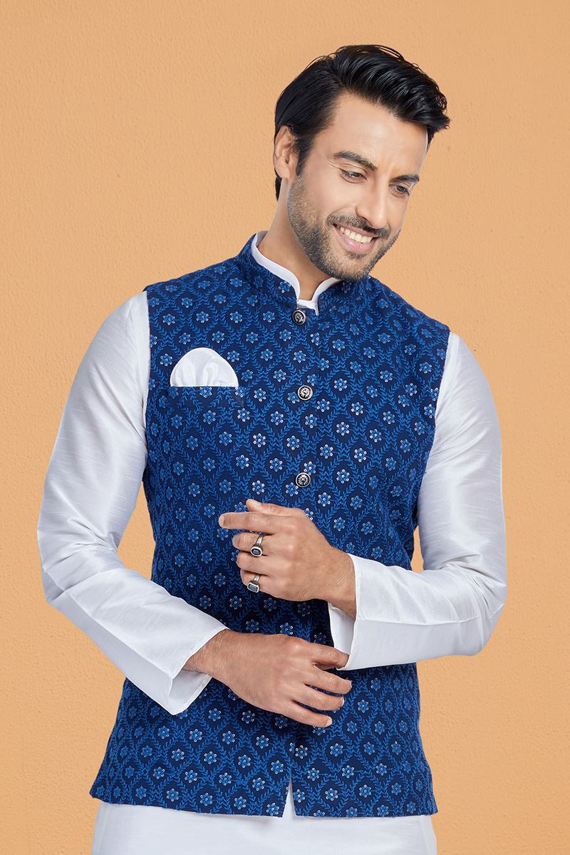 Enticing White and Navy Blue Designer Men’s Kurta Jacket Sets for Engagement, Reception, Festivals, Sangeet, and Party