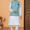 Artistic White and Blue Designer Men’s Kurta Jacket Sets for Engagement, Reception, Festivals, Sangeet, and Party