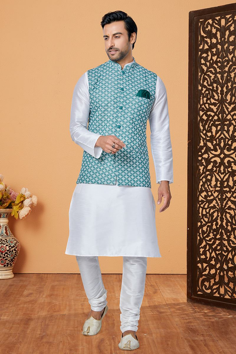 Artistic White and Blue Designer Men’s Kurta Jacket Sets for Engagement, Reception, Festivals, Sangeet, and Party