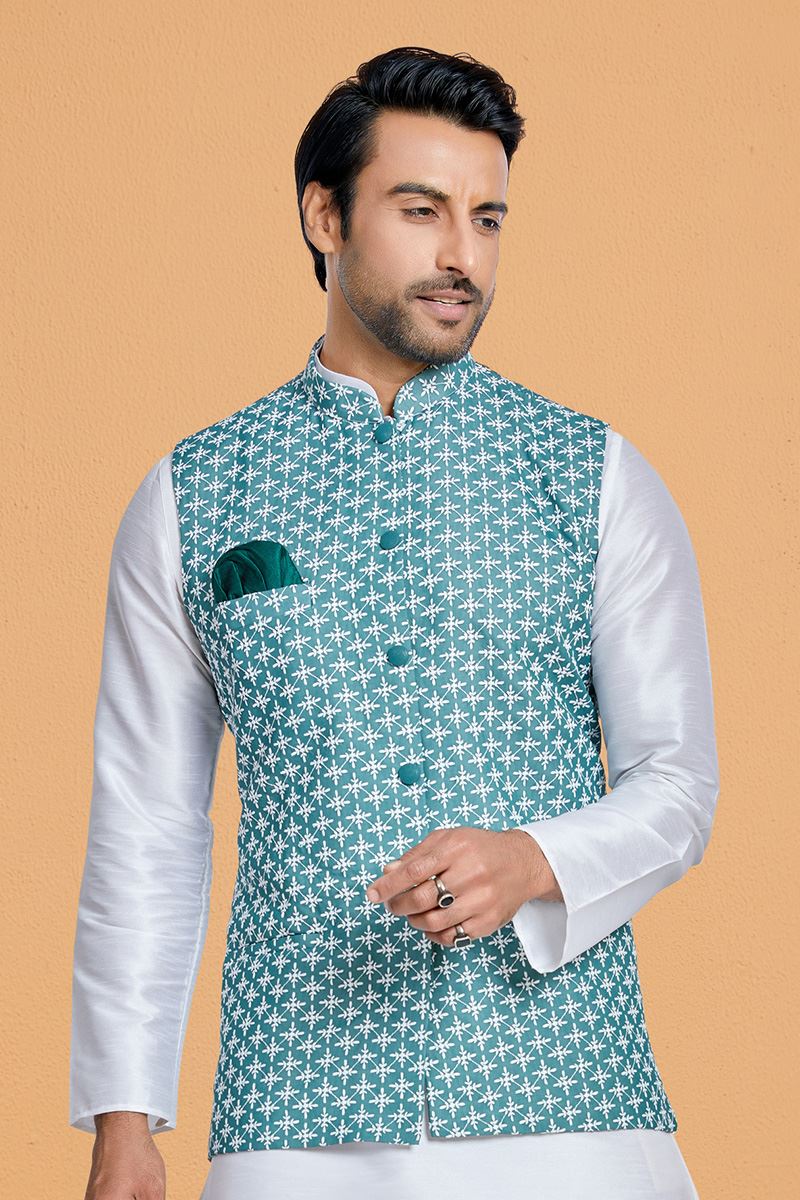 Artistic White and Blue Designer Men’s Kurta Jacket Sets for Engagement, Reception, Festivals, Sangeet, and Party