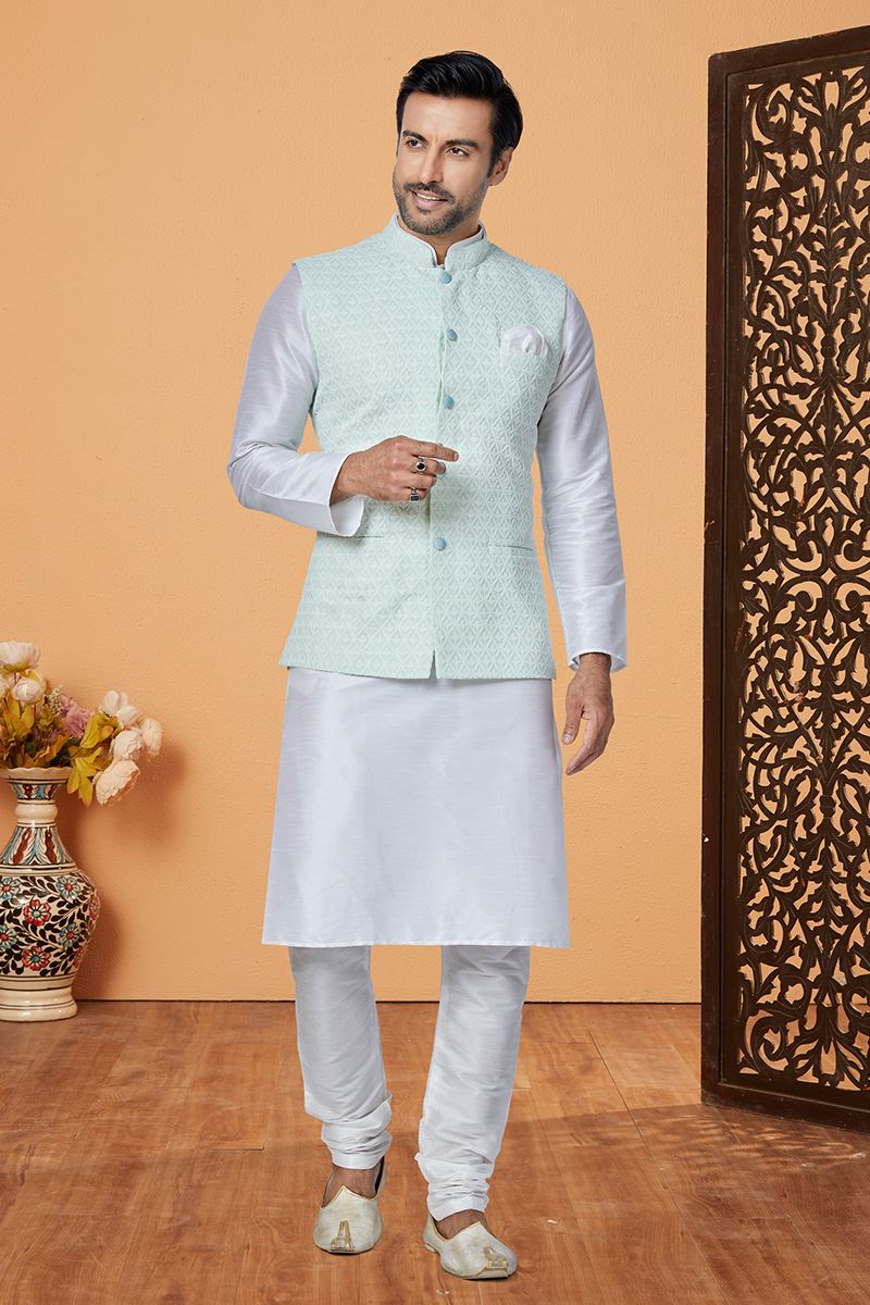 Magnificent Off-White and Sky Blue Designer Men’s Kurta Jacket Sets for Engagement, Reception, Festivals, Sangeet, and Party