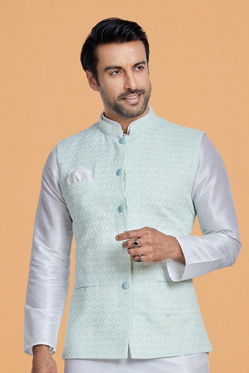 Magnificent Off-White and Sky Blue Designer Men’s Kurta Jacket Sets for Engagement, Reception, Festivals, Sangeet, and Party