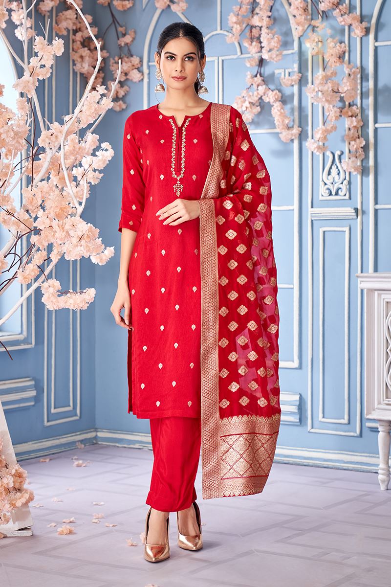 Gorgeous Red Designer Straight Cut Suit for Wedding, Reception, Festivals, Sangeet, and Parties