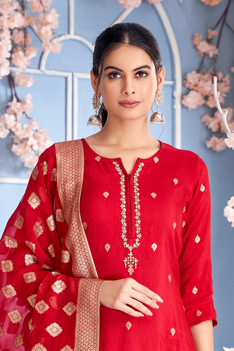 Gorgeous Red Designer Straight Cut Suit for Wedding, Reception, Festivals, Sangeet, and Parties
