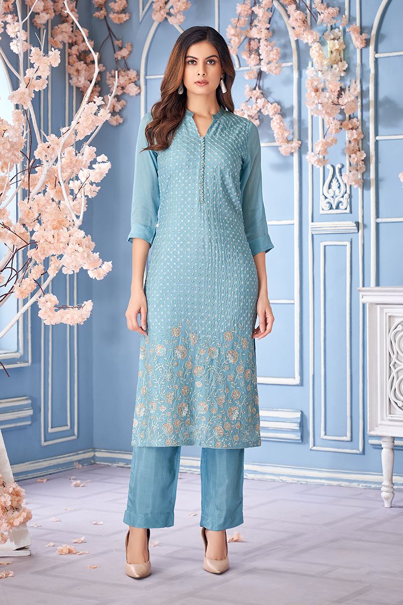 Attractive Sky Blue Designer Kurtis for Engagement, Reception, Festivals, Hangouts, Sangeet, and Parties