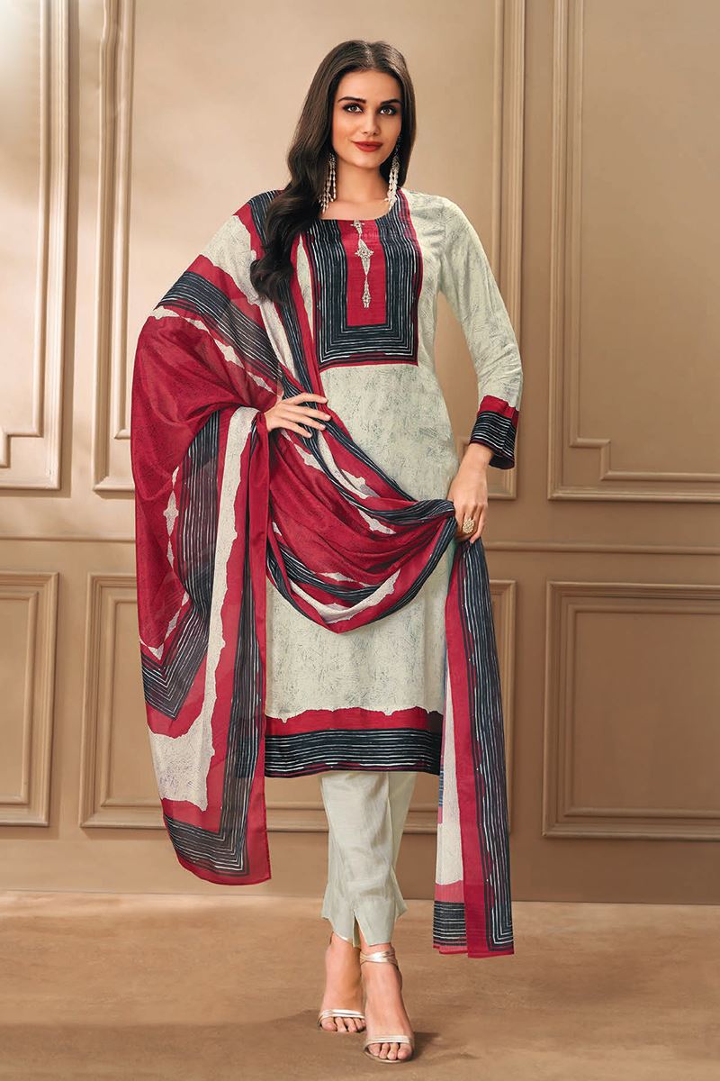 Ethnic Off-White and Red Designer Straight Cut Suit for Festivals, Sangeet, and Parties